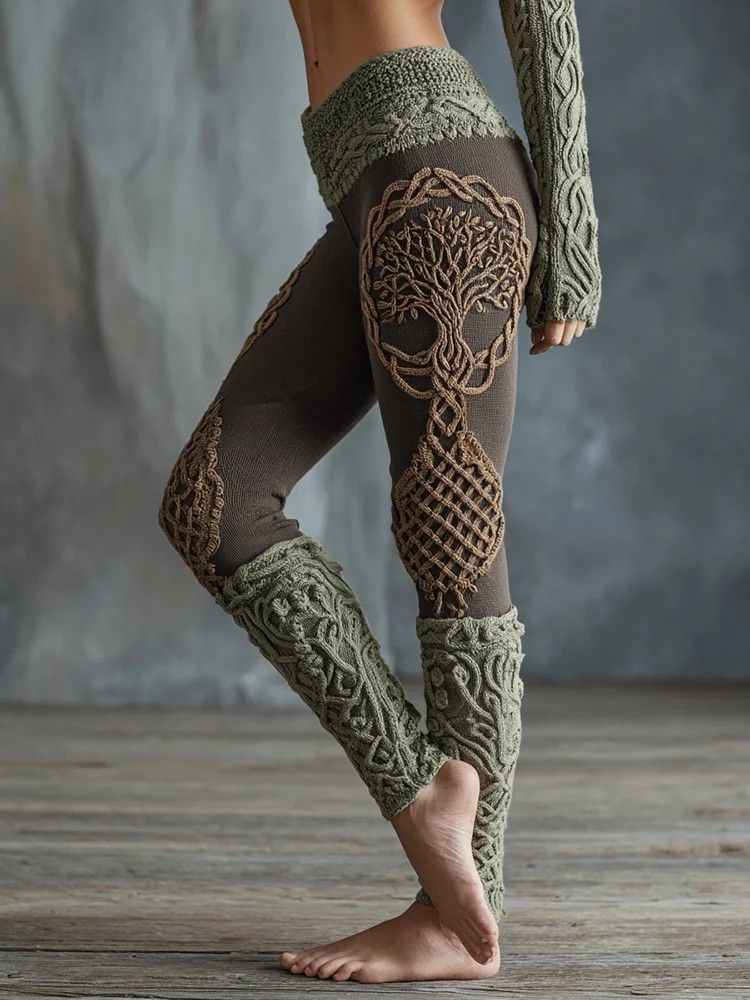Damskie Retro Viking Celtic Knot Drzewo Życia Sportowe Stretch Legginsy