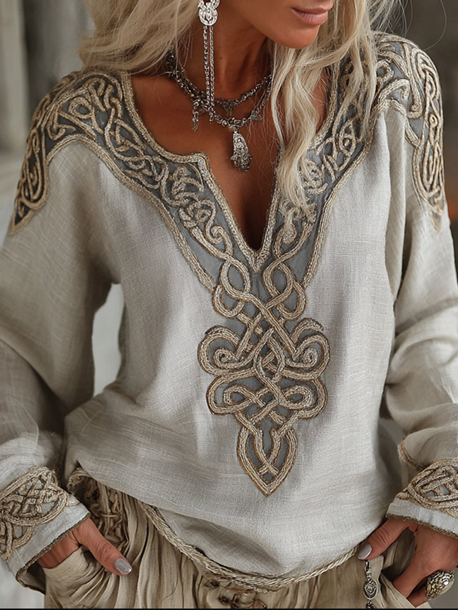 Damski Vintage Viking Celtic Knot Haftowana artystyczna przytulna lniana koszula