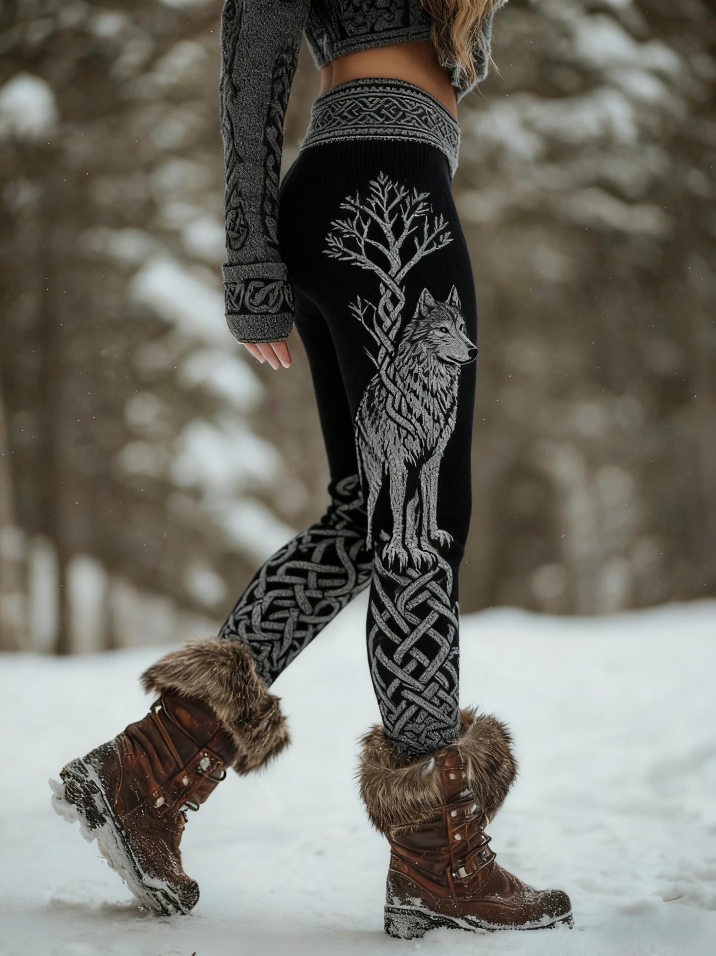 Damskie Retro Viking Wolf Celtic Knot Drzewo Życia Sportowe Stretch Legginsy