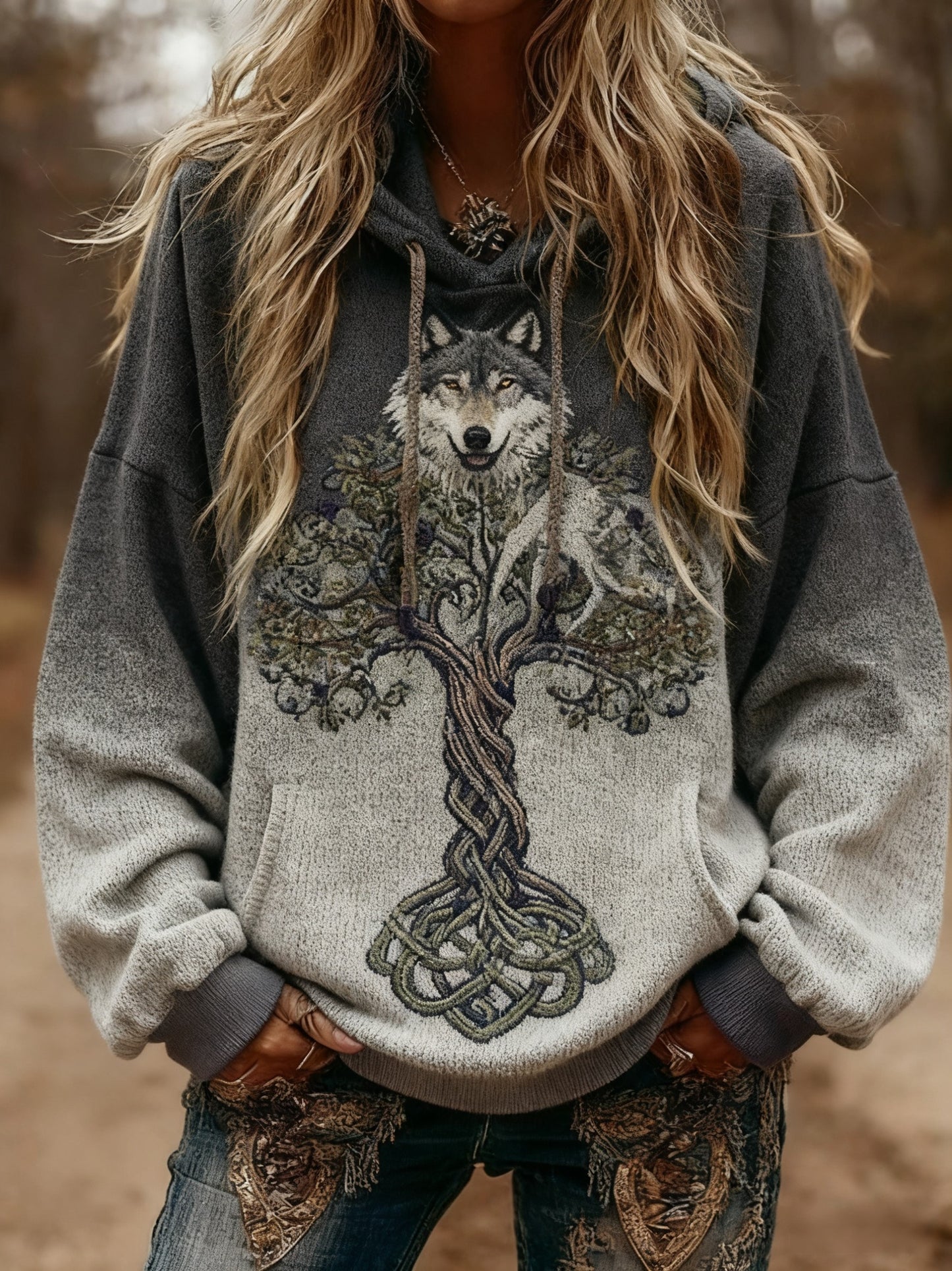 Damski Wiking Wolf Celtic Knot Drzewo Życia Gradient Nadruk Sweter z kapturem z długimi rękawami
