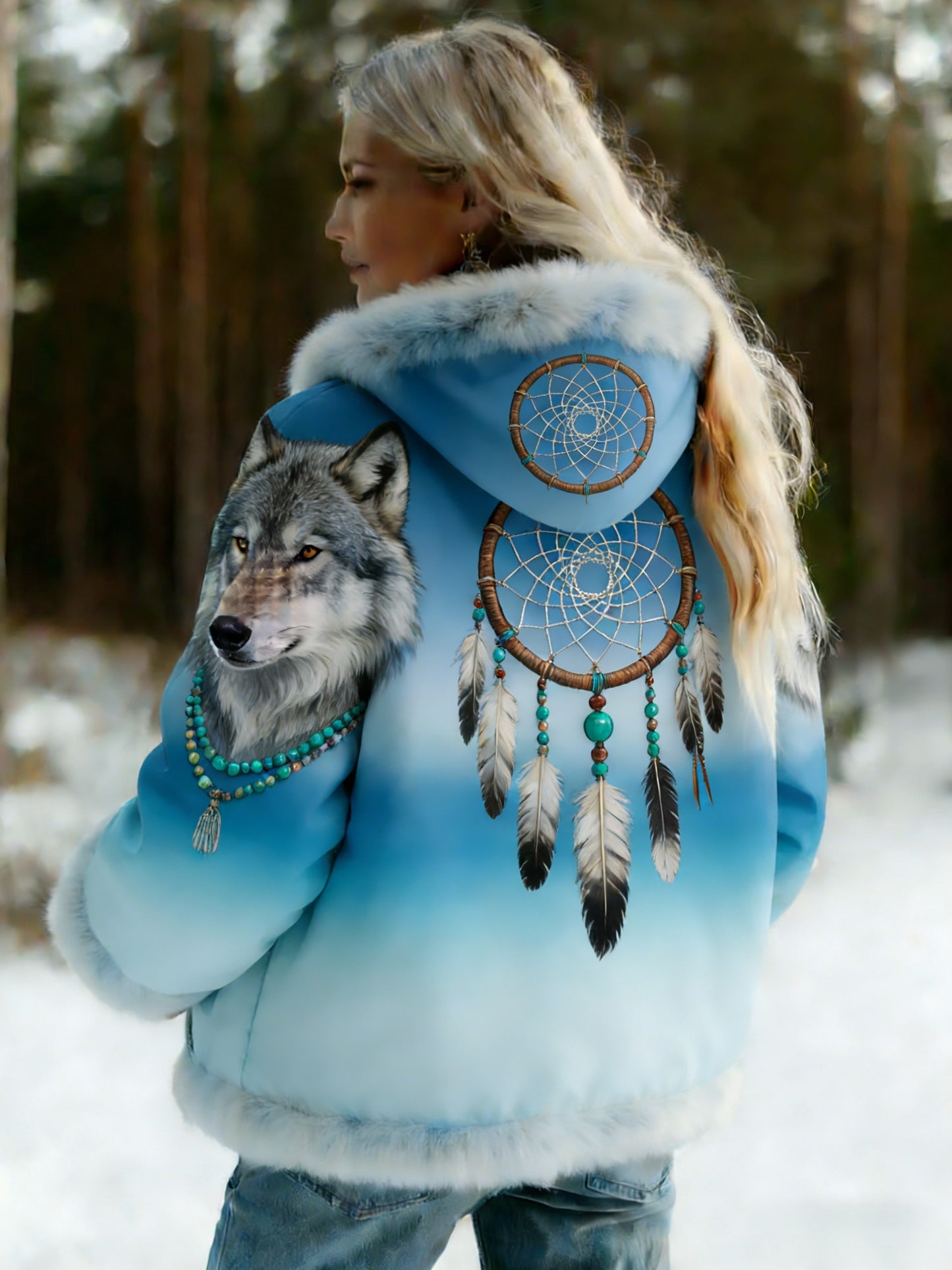 Damska retro Viking Nordic Wolf Gradient Casualowa kurtka z kapturem z polarową podszetką