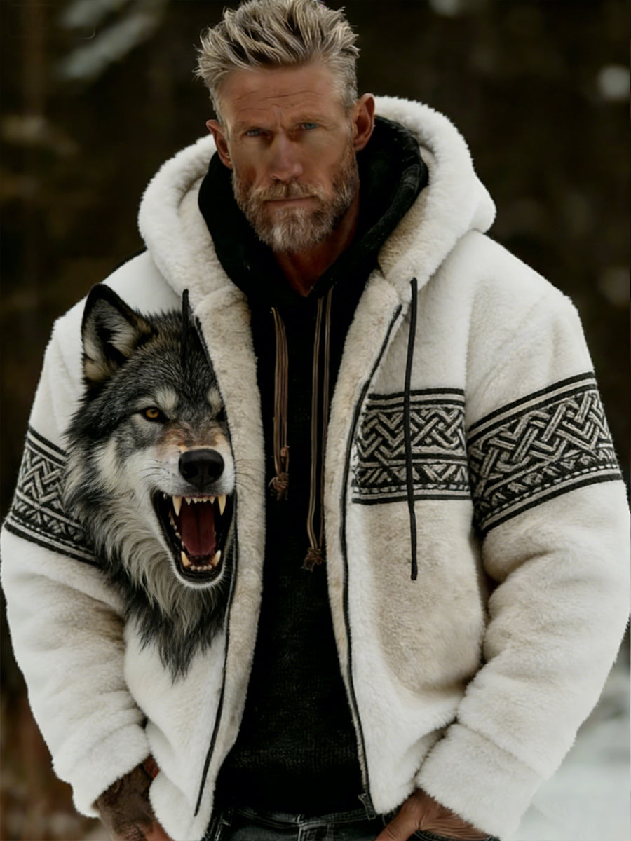 Męskie Retro Viking Wolf Totem Flanelowa ciepła bluza z kapturem w stylu celtyckim