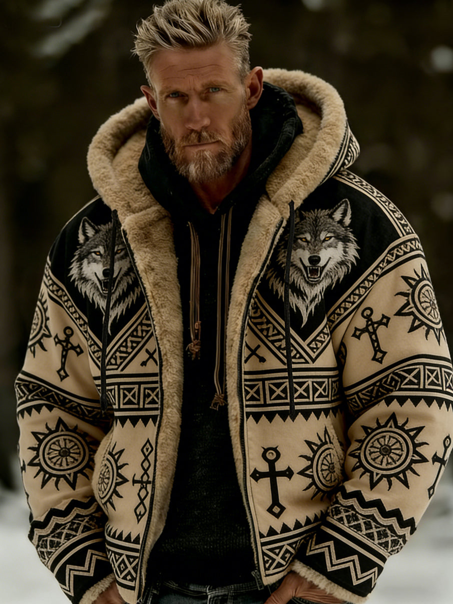 Męskie Retro Viking Wolf Totem Flanelowa ciepła bluza z kapturem w stylu celtyckim