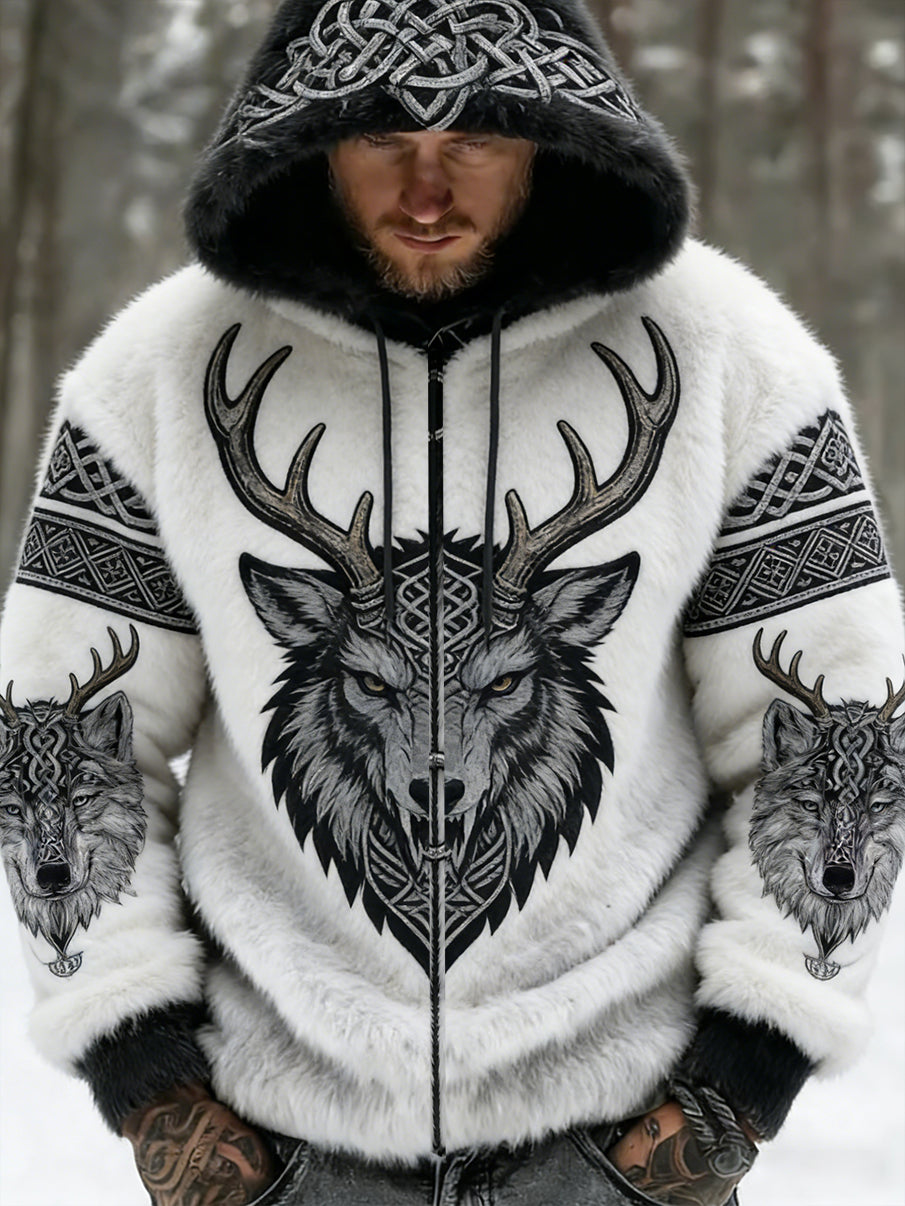 Męskie Retro Viking Wolf Totem Flanelowa ciepła bluza z kapturem w stylu celtyckim