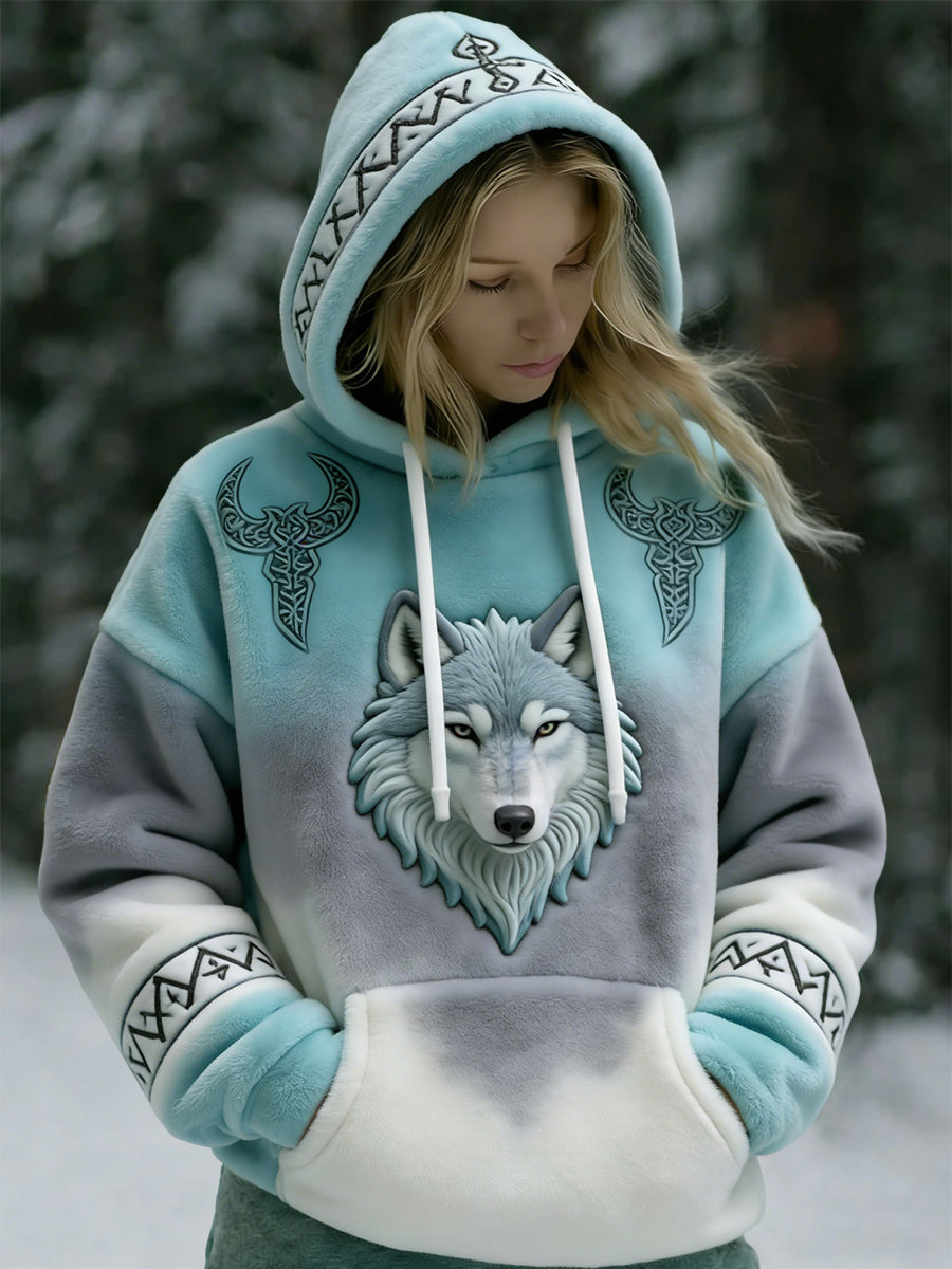 Damska Vintage Viking Wolf Totem Gradient Flanela Bluza z kapturem