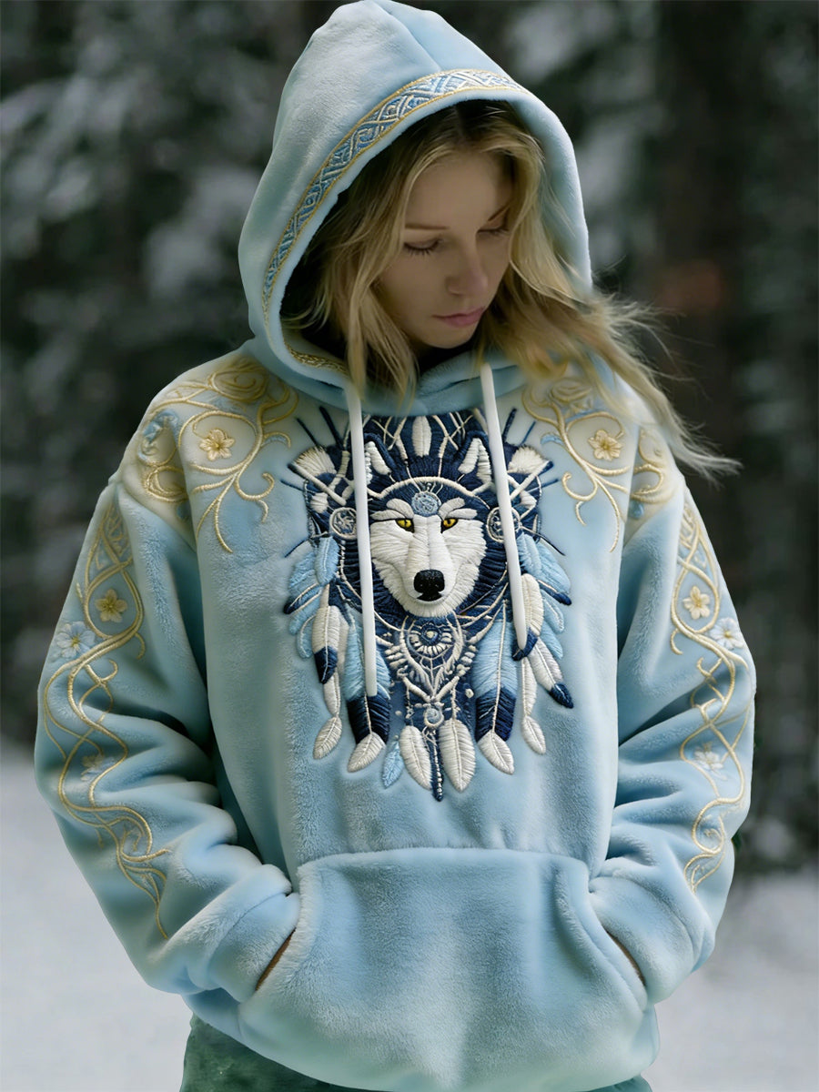 Damska vintage Viking Wolf Casual Flanelowa bluza z kapturem