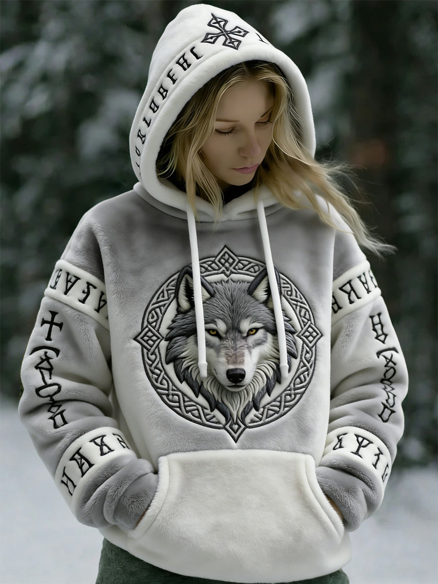 Damska vintage Viking Wolf Totem Casualowa flanelowa bluza z kapturem