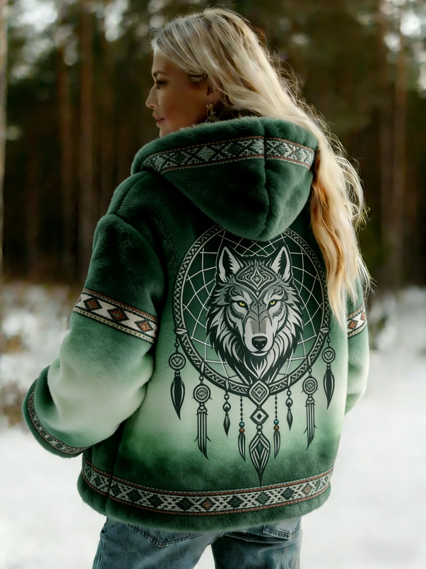 Damska kurtka retro Nordic Viking Wolf Ethnic Casual Flanelowa