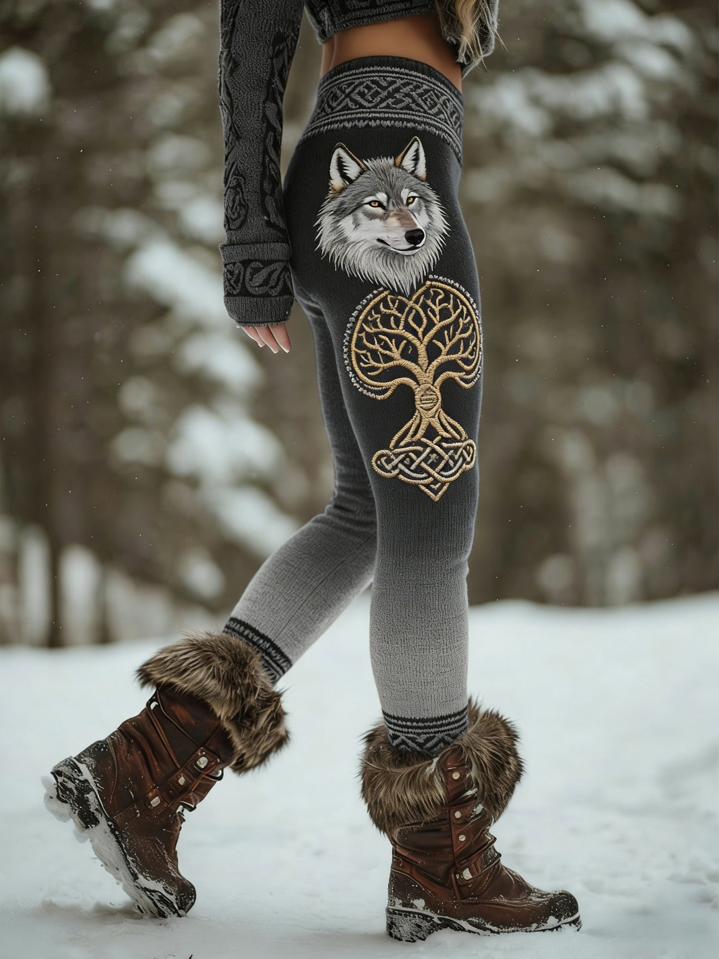 Damskie Retro Viking Wolf Celtic Knot Drzewo Życia Gradient Sportowe Stretch Legginsy