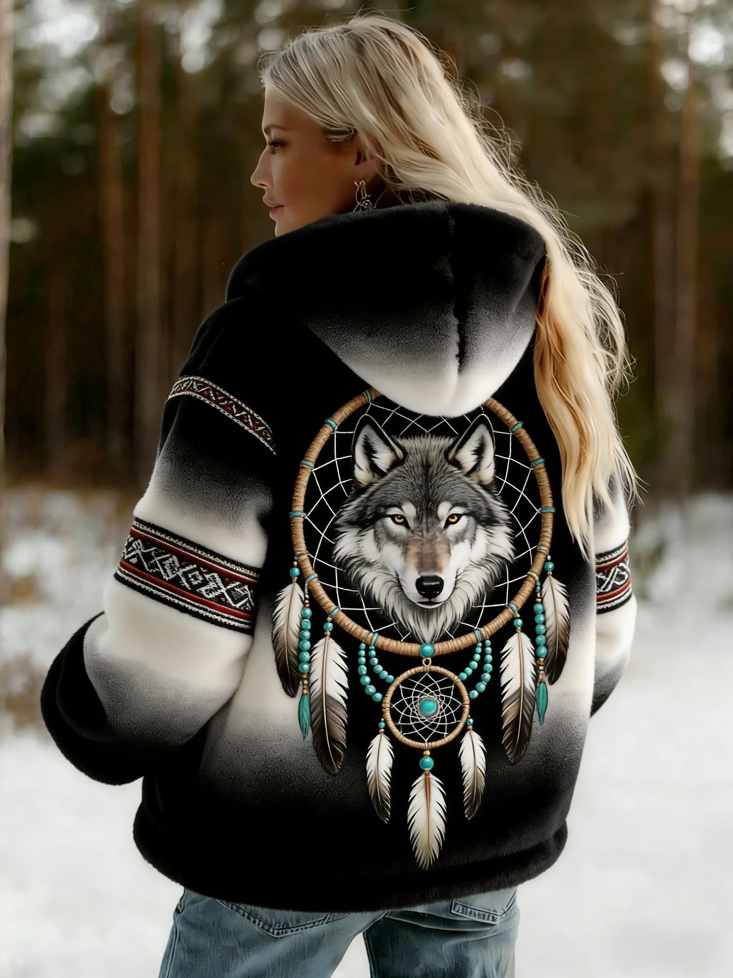 Damska kurtka retro Nordic Viking Wolf Ethnic Casual Flanelowa