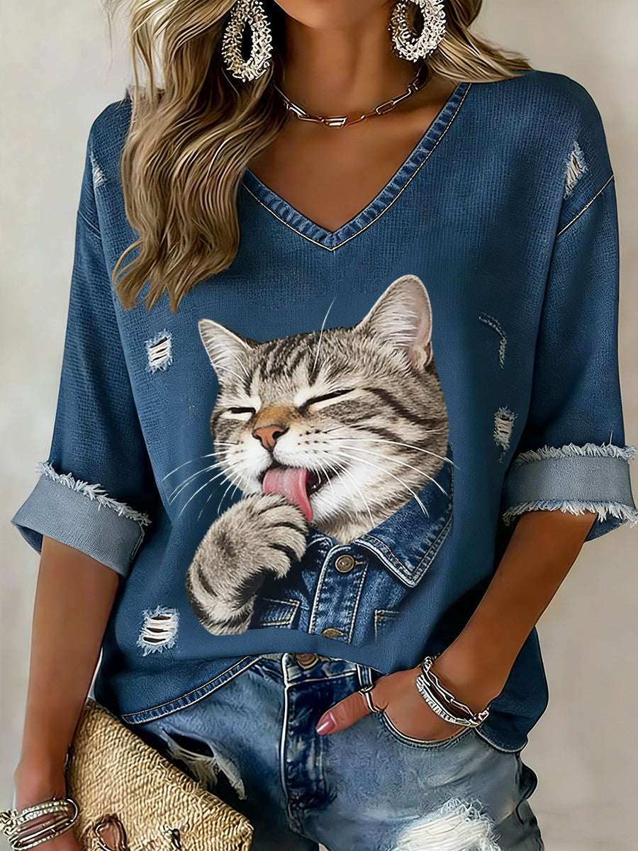 Retro Cute Cat Denim Patchwork Art Print Casualowa bawełniana koszulka z długim rękawem