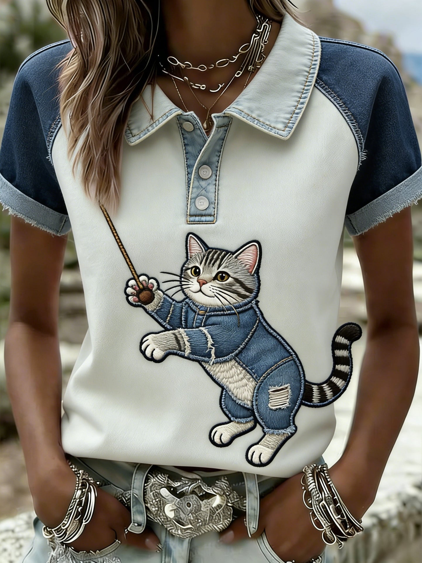 Nieformalna bawełniana koszulka polo z nadrukiem w stylu retro w stylu cat