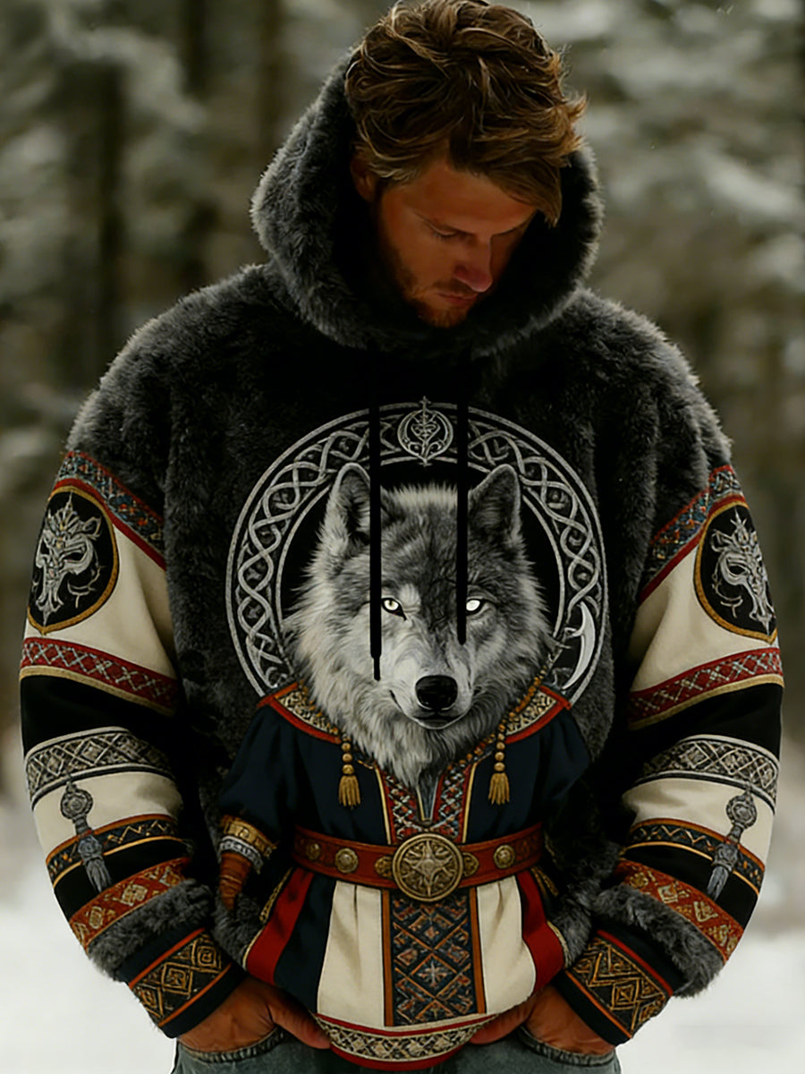 Męskie Retro Viking celtycki wzór pluszowa ciepła kurtka z kapturem z kapturem