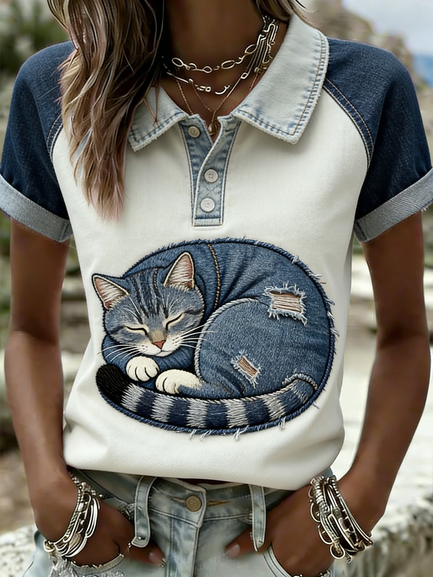 Nieformalna bawełniana koszulka polo z nadrukiem w stylu retro w stylu cat