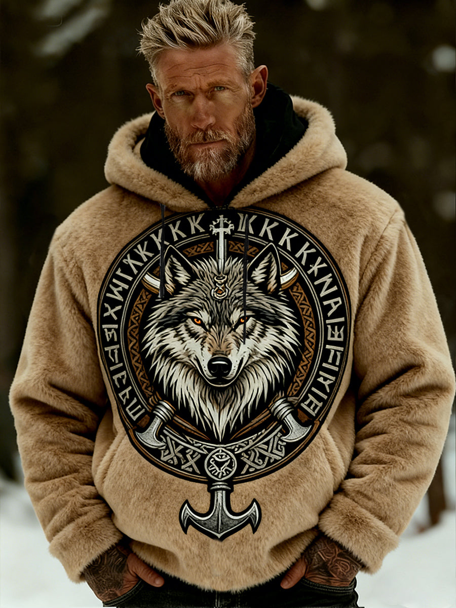 Męskie Retro Viking celtycki wzór pluszowa ciepła kurtka z kapturem z kapturem