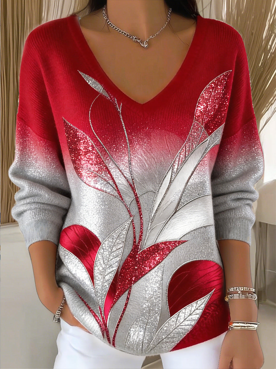 Damska bluza z czerwonym gradientem brokatem w kwiatowy nadruk w stylu casual z dekoltem w szpic