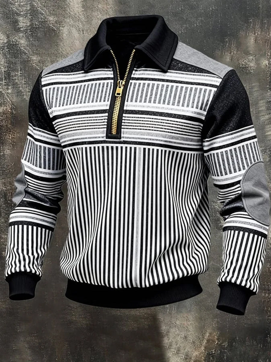 Męskie Retro Paski Nadruk Casualowa Bluza Half-Zip