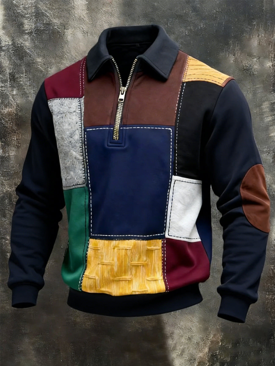 Męskie Retro Geometryczny Nadruk Colorblock Casualowa Bluza Half-Zip