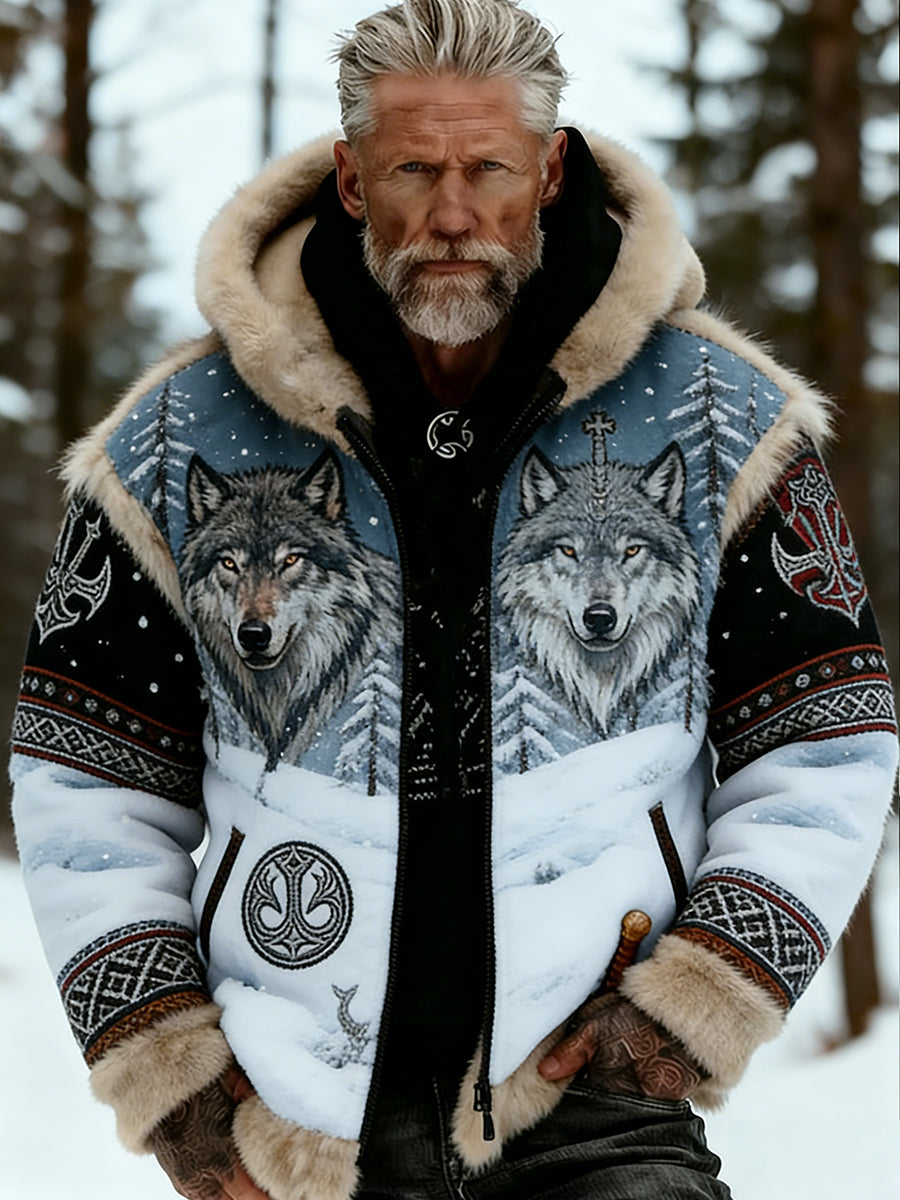Męskie Retro Viking Wolf Totem Flanelowa ciepła bluza z kapturem w stylu celtyckim
