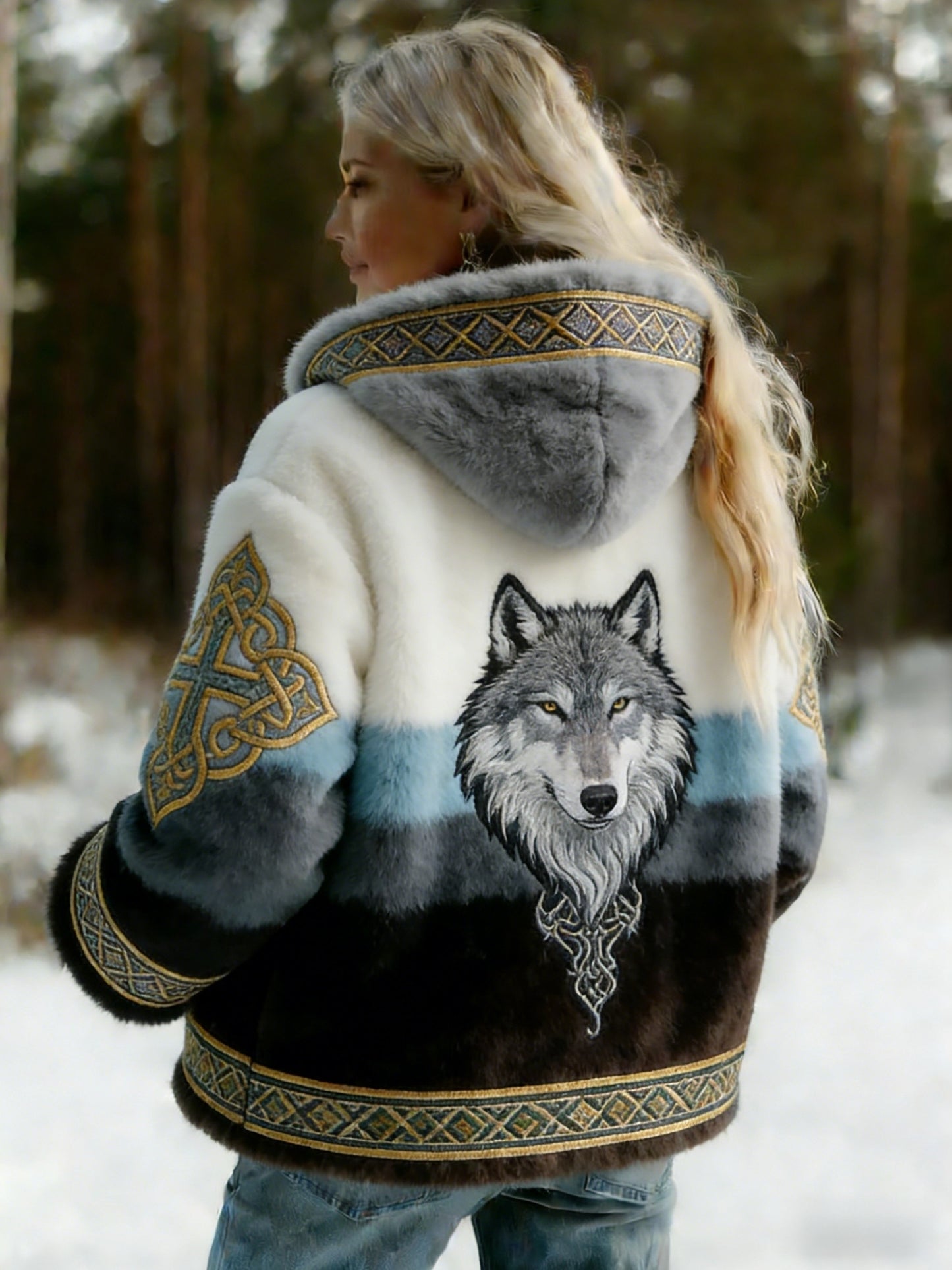 Damskie Retro Viking Wolf Celtic Węzeł Drzewo Życia Gradient Casual Kurtka z kapturem