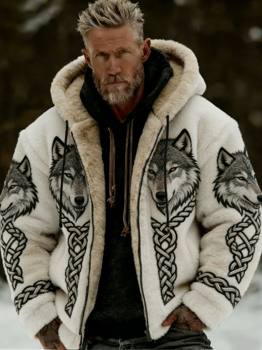Męskie Retro Viking Wolf Totem Flanelowa ciepła bluza z kapturem w stylu celtyckim