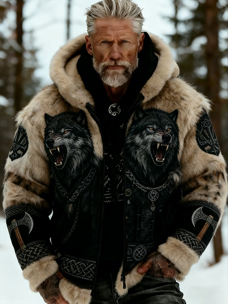 Męskie Retro Viking Wolf Totem Flanelowa ciepła bluza z kapturem w stylu celtyckim
