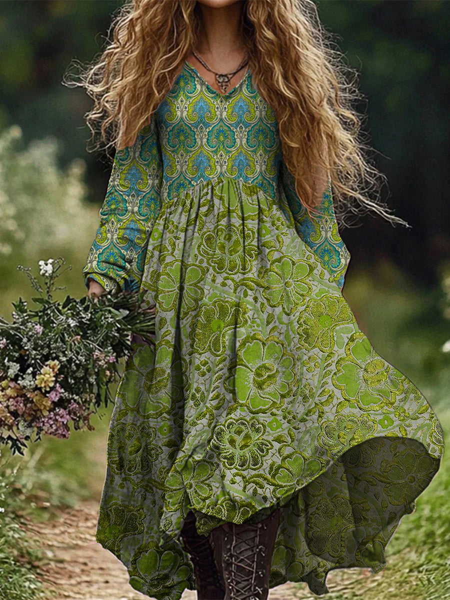 Retro Boho w kwiatowy wzór w stylu vintage szykowna sukienka midi z długim rękawem