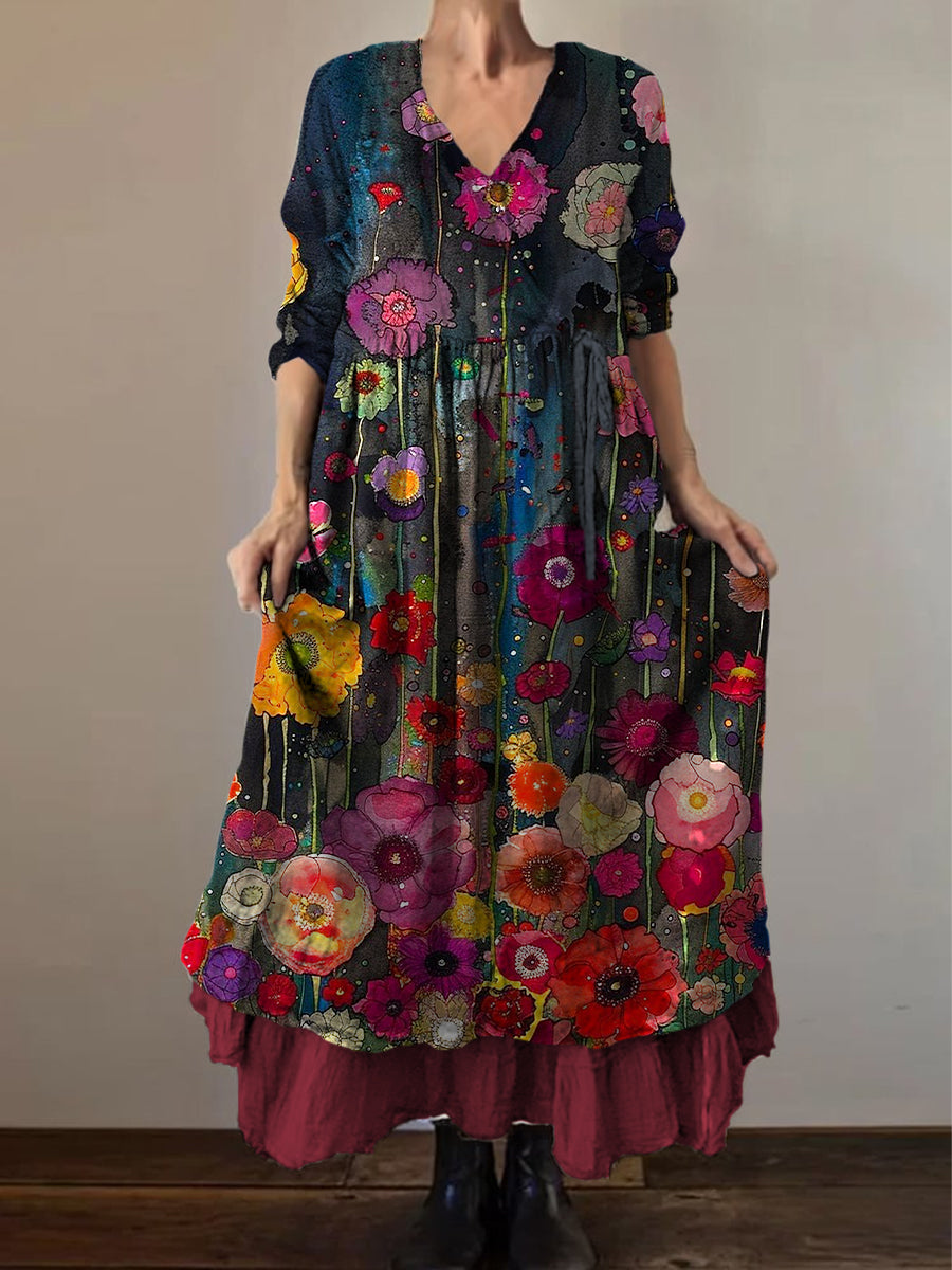 Retro Boho kwiatowy wzór botaniki Vintage dekolt w szpic z podwójnym półrzędem bawełniana sukienka midi z długim rękawem