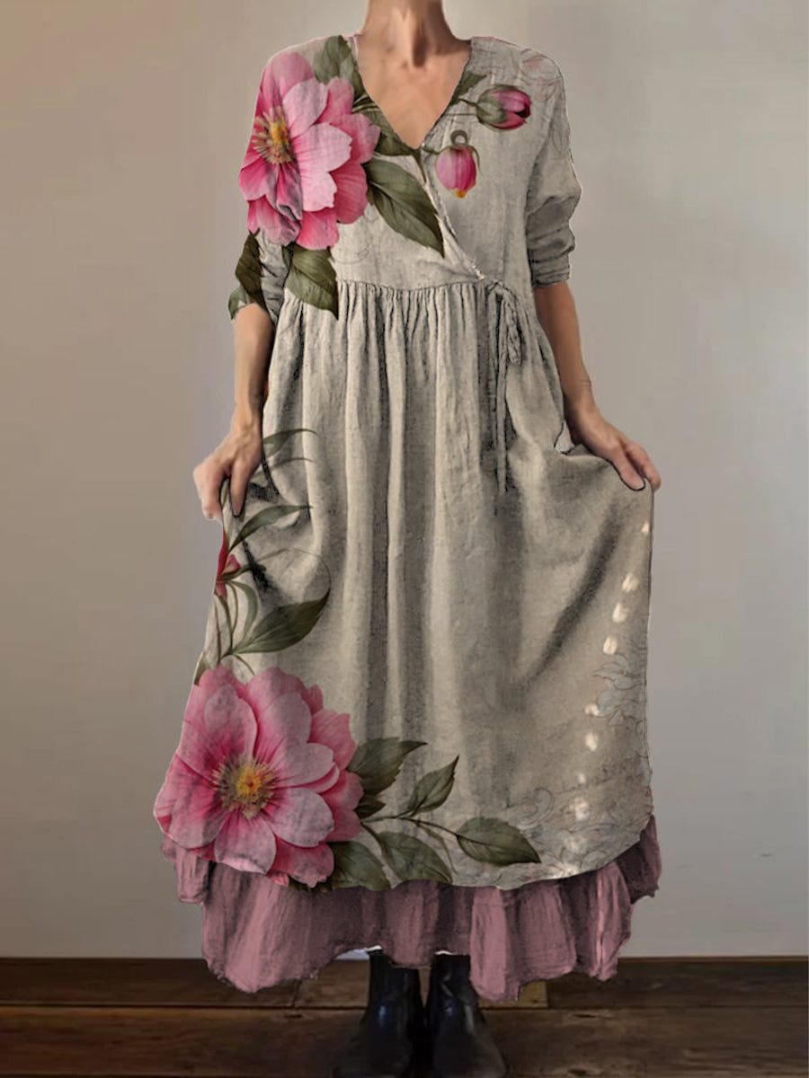 Retro Boho kwiatowy wzór botaniki Vintage dekolt w szpic z podwójnym półrzędem bawełniana sukienka midi z długim rękawem