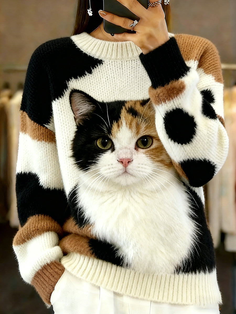 Damski sweter w stylu vintage z nadrukiem zwierzęcym Comfort