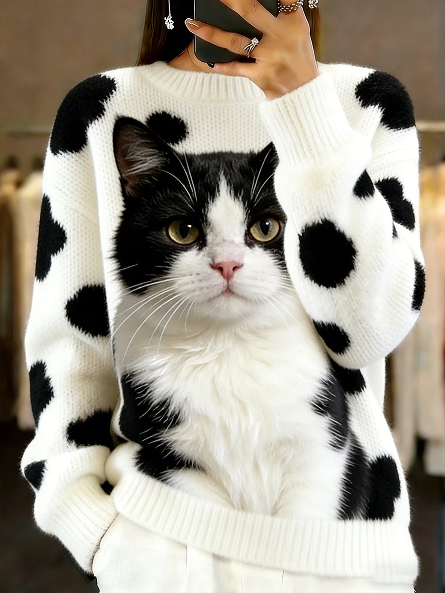 Damski sweter w stylu vintage z nadrukiem zwierzęcym Comfort