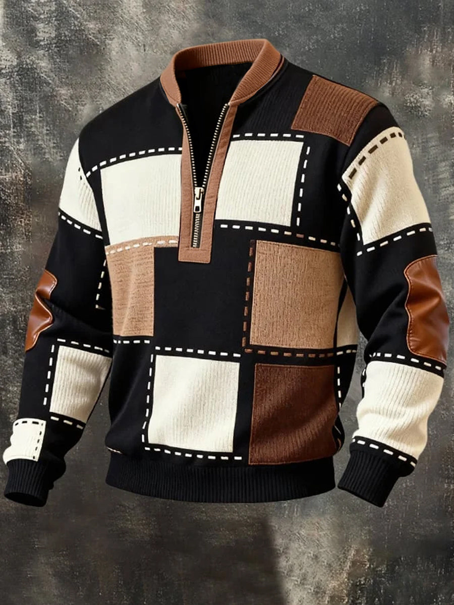 Męskie Retro Colorblock Plaid Nadruk Casual Half-Zip Pullover