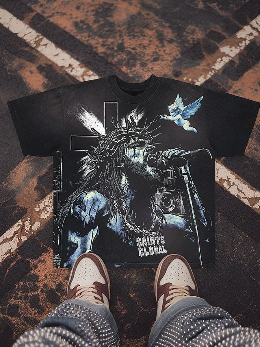 Retro Punk Rock Art Print Czysta bawełna Casual T-Shirt z krótkim rękawem