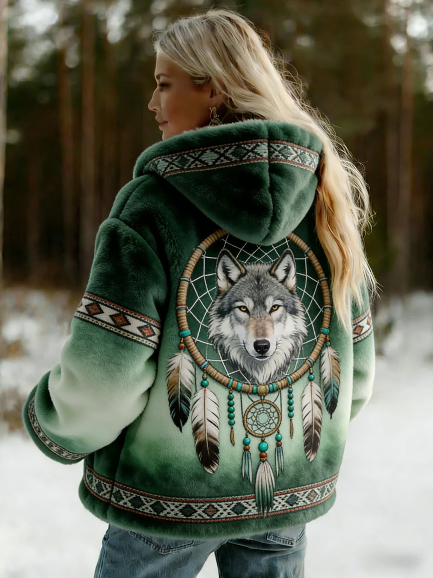 Damski Vintage Viking Celtic Knot Wolf Print Gradient Flanela Kurtka