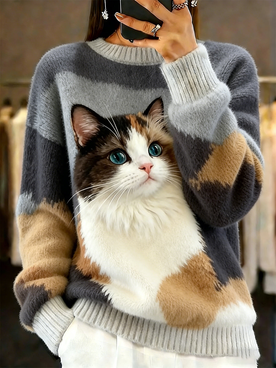 Damski sweter w stylu vintage z nadrukiem zwierzęcym Comfort