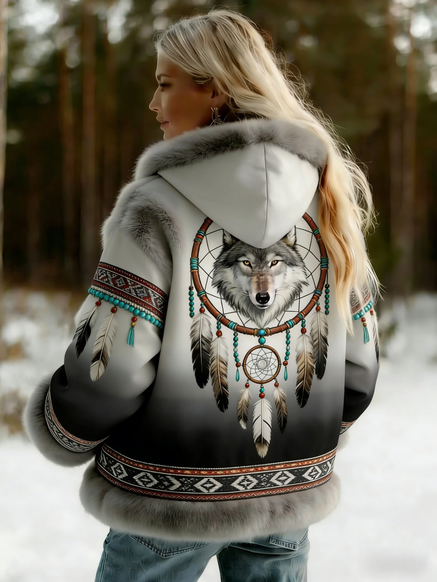Damski Vintage Viking Celtic Knot Wolf Print Gradient Flanela Kurtka