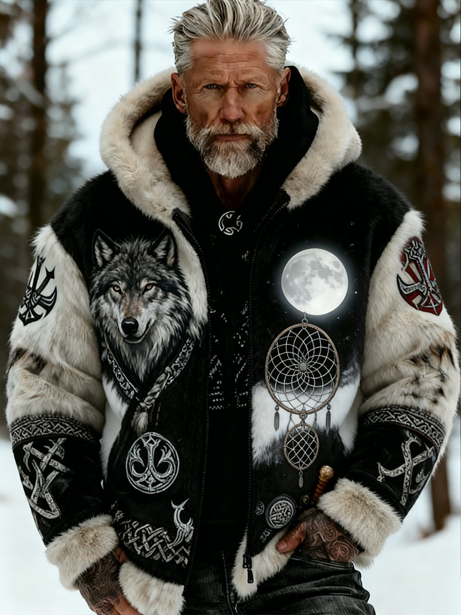 Męskie Retro Viking Wolf Totem Flanelowa ciepła bluza z kapturem w stylu celtyckim
