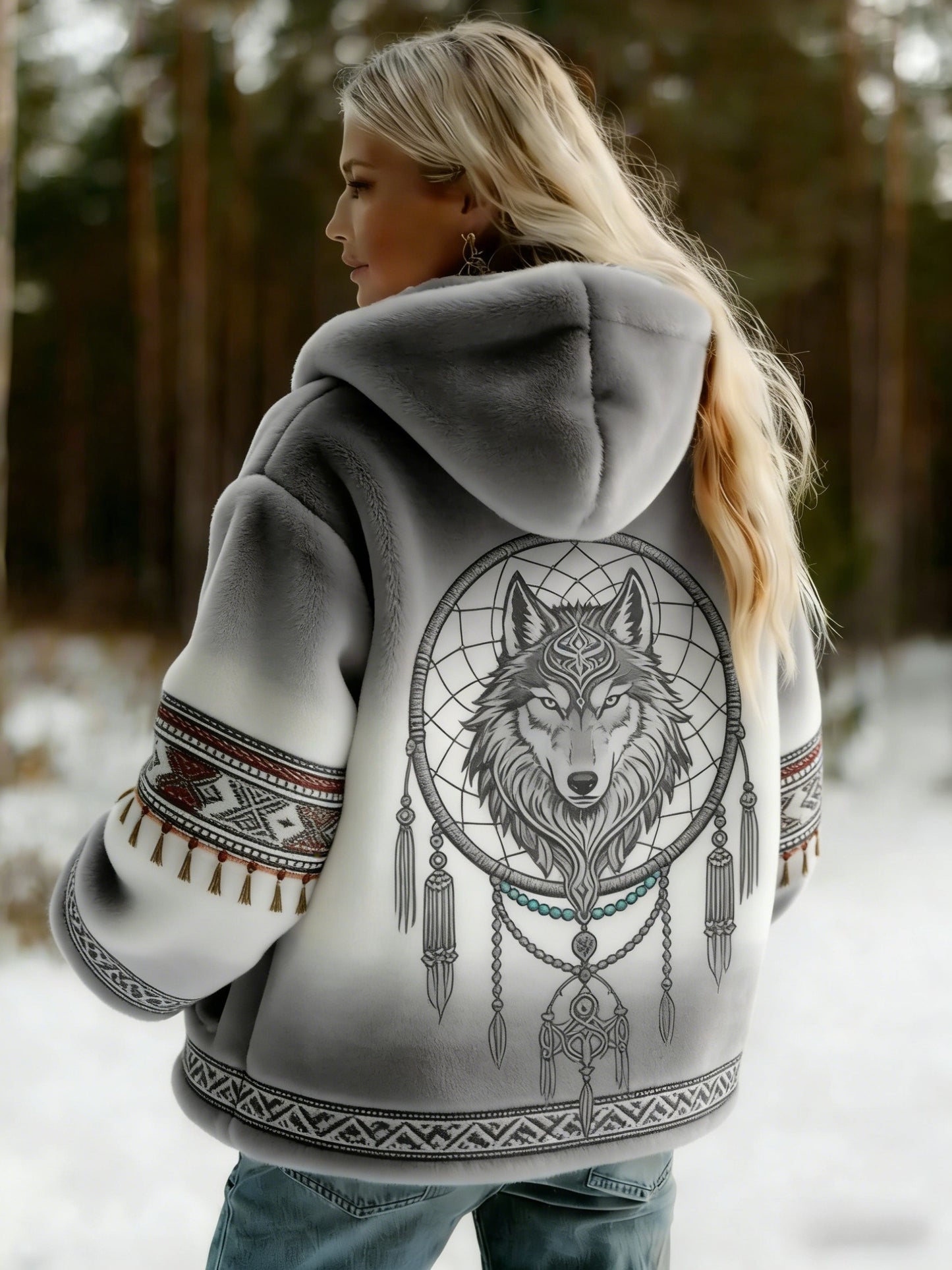 Damski Vintage Viking Celtic Knot Wolf Print Gradient Flanela Kurtka