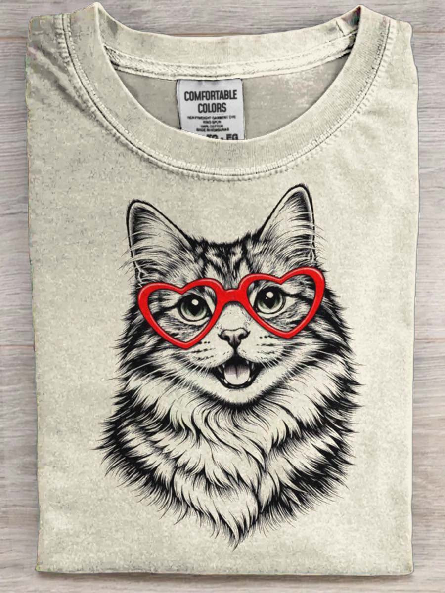 Okulary w kształcie serca Cat Print Casual Koszulka z krótkim rękawem
