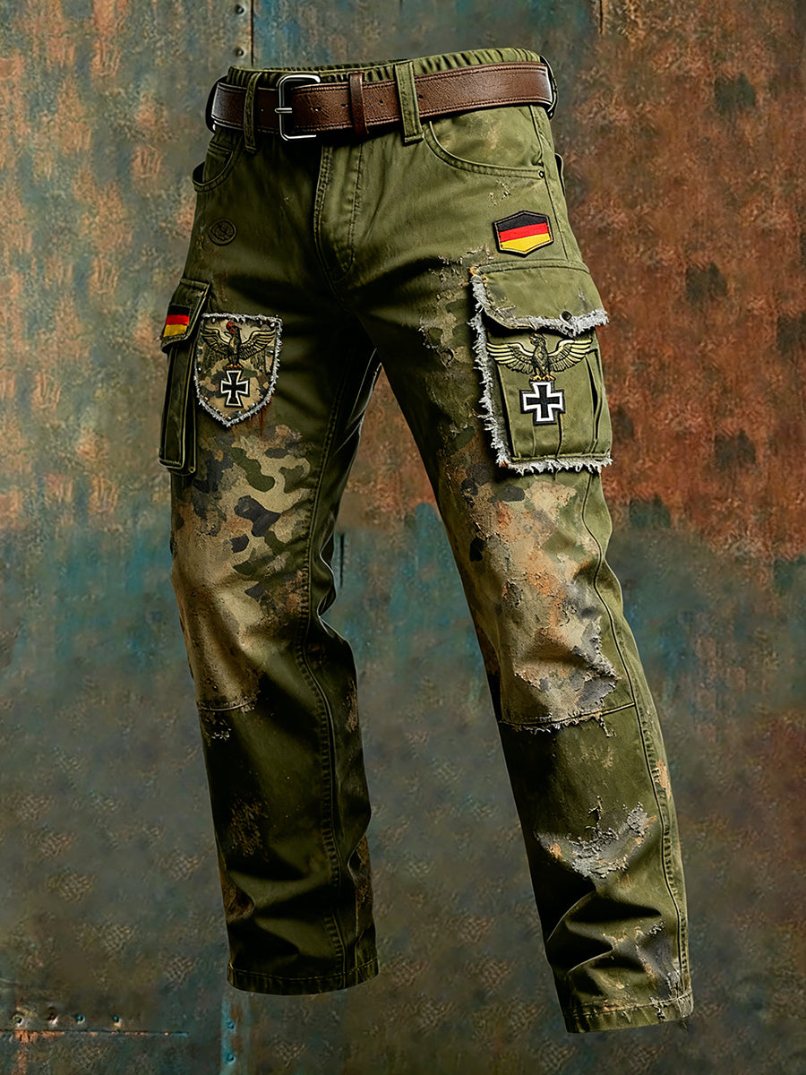 Męskie spodnie cargo w stylu vintage z niemiecką flagą