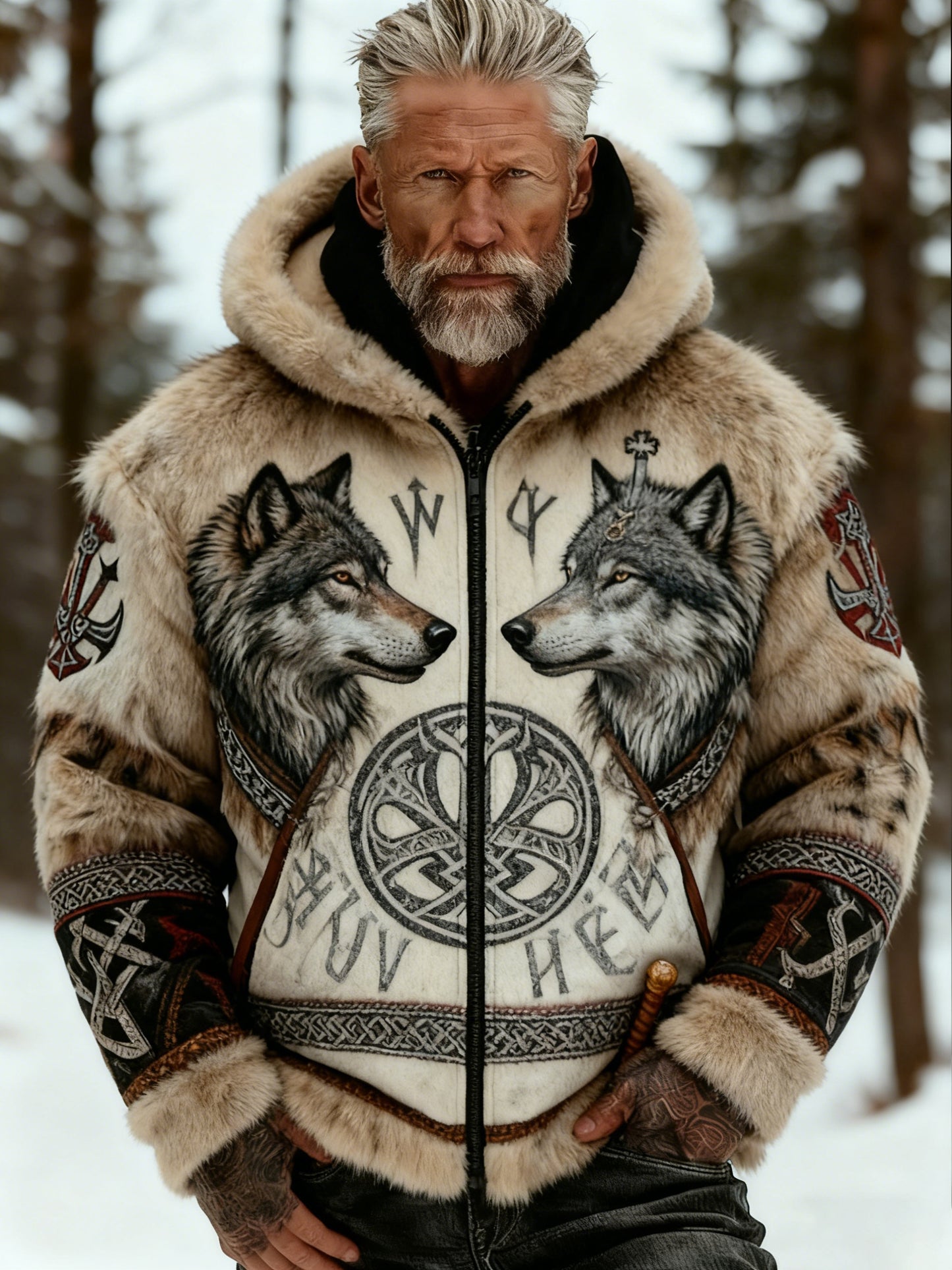Męskie Retro Viking Wolf Totem Flanelowa ciepła bluza z kapturem w stylu celtyckim