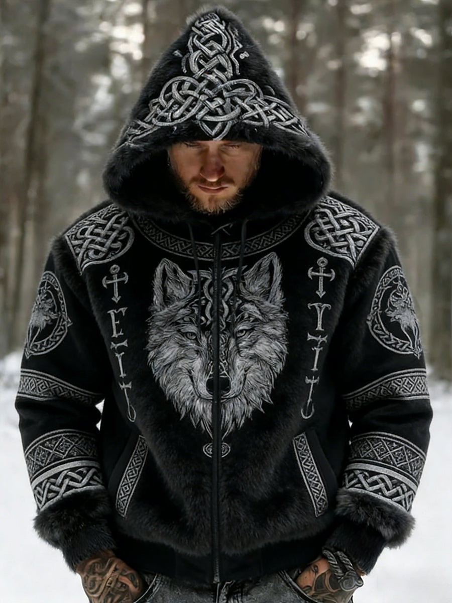 Męskie Retro Viking Wolf Totem Flanelowa ciepła bluza z kapturem w stylu celtyckim