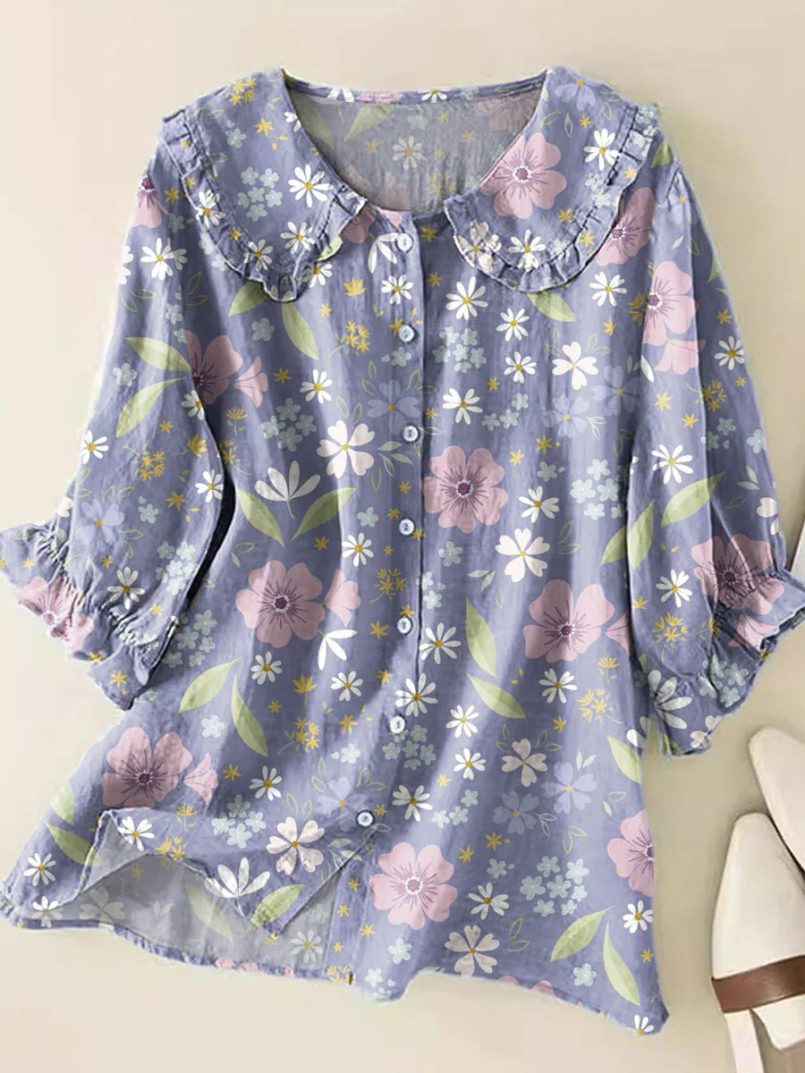 Retro Boho kwiatowy wzór z nadrukiem Vintage falbany okrągły dekolt guzik koszula z krótkim rękawem