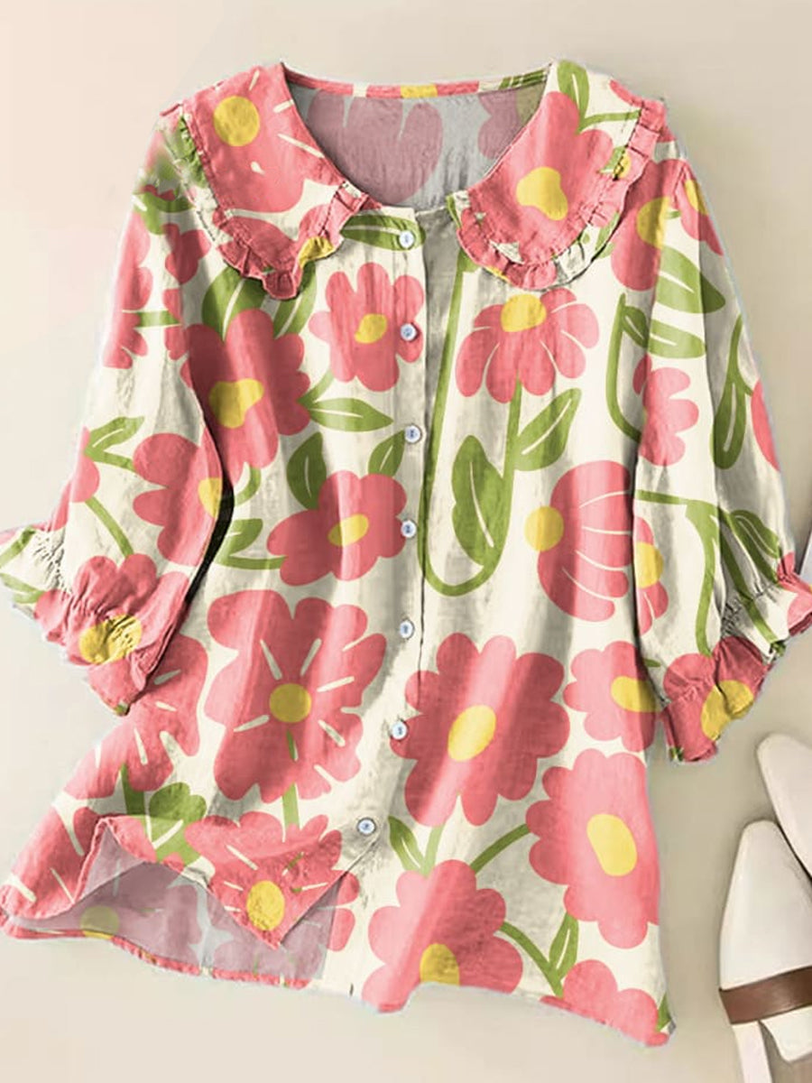 Retro Boho kwiatowy wzór z nadrukiem Vintage falbany okrągły dekolt guzik koszula z krótkim rękawem
