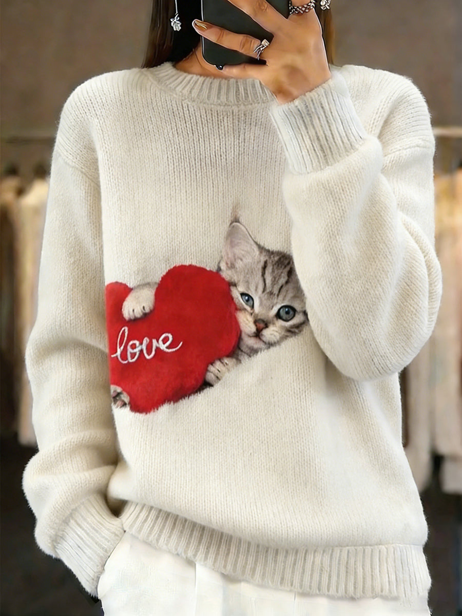 Damski sweter w stylu vintage z nadrukiem zwierzęcym Comfort