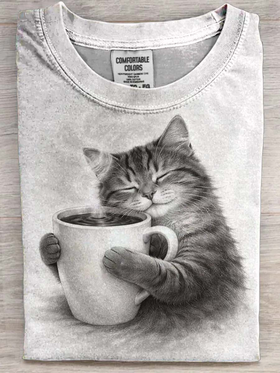 Coffee Cat Print Casual Koszulka z krótkim rękawem