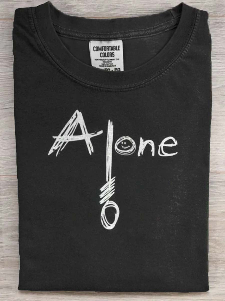 „ Alone ”Smiley Print Casual Koszulka z krótkim rękawem