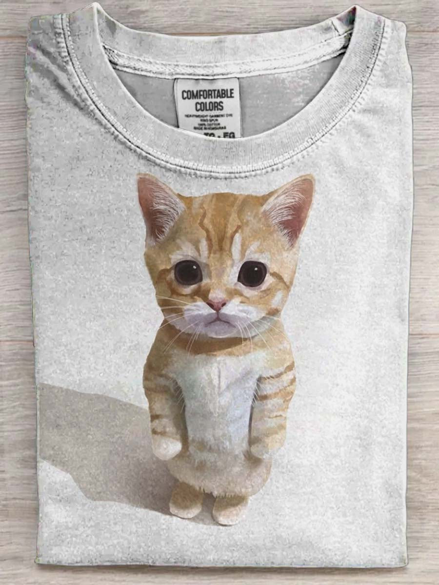 Cute Standing Cat Print Casual Koszulka z krótkim rękawem