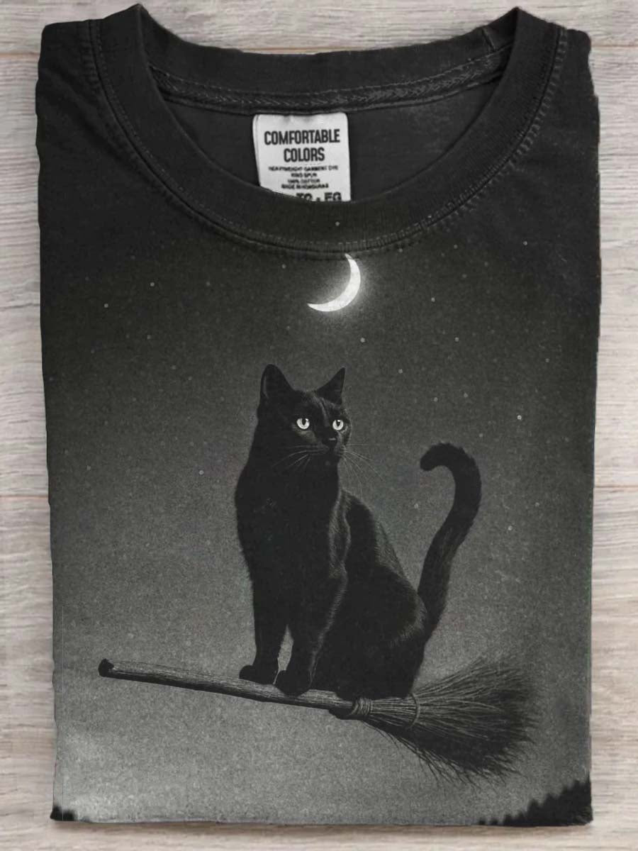 Halloween Black Cat Print Casual Koszulka z krótkim rękawem