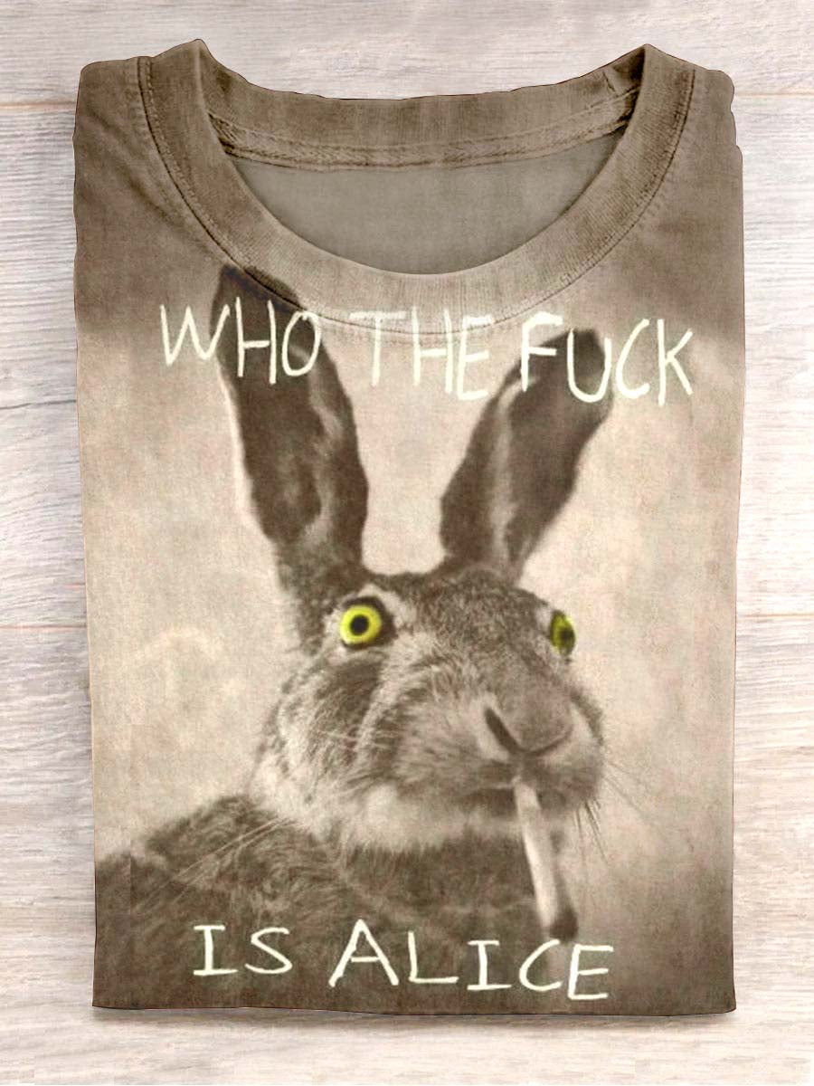 Unisex Smoking Bunny Print Casual Koszulka z krótkim rękawem